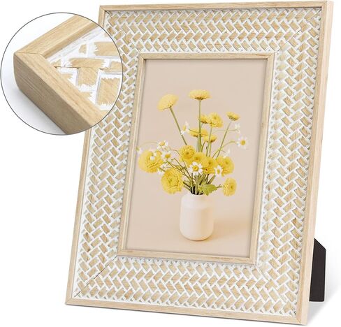 إطارات صور takfot Boho مقاس 5 × 7 إطار صور مزخرف مغربي، عبوة من قطعتين، إطار صورة خشبي بديكور ريفي أبيض متعثر لعرض الحائط وسطح الطاولة للعائلة والأصدقاء in Saudi Arabia