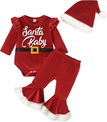 Muasaaluxi Newborn Baby Girl Christmas Outfit Santa Baby Ruffle Romper Onesie Velvet Flared Pants Xmas Hat Winter Clothes in Saudi Arabia