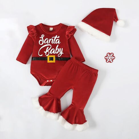 Muasaaluxi Newborn Baby Girl Christmas Outfit Santa Baby Ruffle Romper Onesie Velvet Flared Pants Xmas Hat Winter Clothes in Saudi Arabia