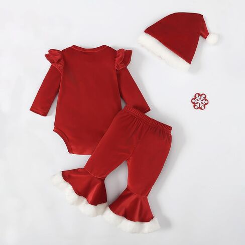 Muasaaluxi Newborn Baby Girl Christmas Outfit Santa Baby Ruffle Romper Onesie Velvet Flared Pants Xmas Hat Winter Clothes in Saudi Arabia