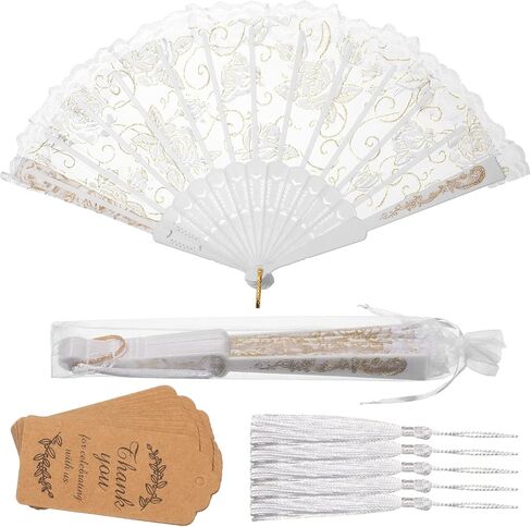 Yookeer 24 Sets White Lace Floral Folding Hand Fans Rose Retro Foldable Fan Hand Fans Bridal Lace Decorative Folding Fan Tag with Holes and Bags Christmas Gifts for Women Wedding Birthday(48 Set) in Saudi Arabia
