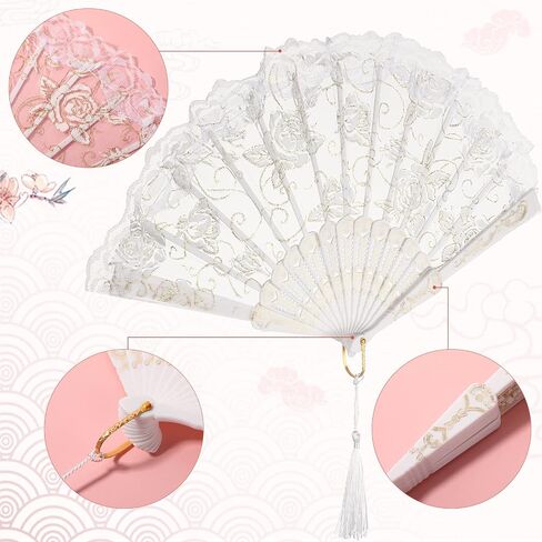 Yookeer 24 Sets White Lace Floral Folding Hand Fans Rose Retro Foldable Fan Hand Fans Bridal Lace Decorative Folding Fan Tag with Holes and Bags Christmas Gifts for Women Wedding Birthday(48 Set) in Saudi Arabia