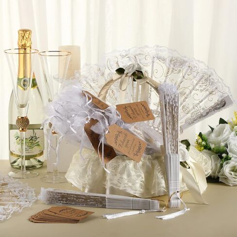Yookeer 24 Sets White Lace Floral Folding Hand Fans Rose Retro Foldable Fan Hand Fans Bridal Lace Decorative Folding Fan Tag with Holes and Bags Christmas Gifts for Women Wedding Birthday(48 Set) in Saudi Arabia