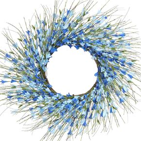 GTIDEA 24" Forsythia Flower Wreath Blue Spring Wreaths for Front Door on Grapevine with Green Leaves Large Floral Wreath for Home Indoor Wall Window Garden Porch Farmhosue Decor