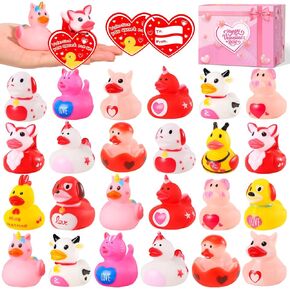 ANGGIKO 24 حزمة من البط المطاطي لعيد الحب مع بطاقات الهدايا، ألعاب حوض استحمام مطاطية على شكل قلب لعيد الحب، بطات جيب للأطفال، هدايا مكافآت تزيين حفلات عيد الحب للأولاد والبنات in Kuwait