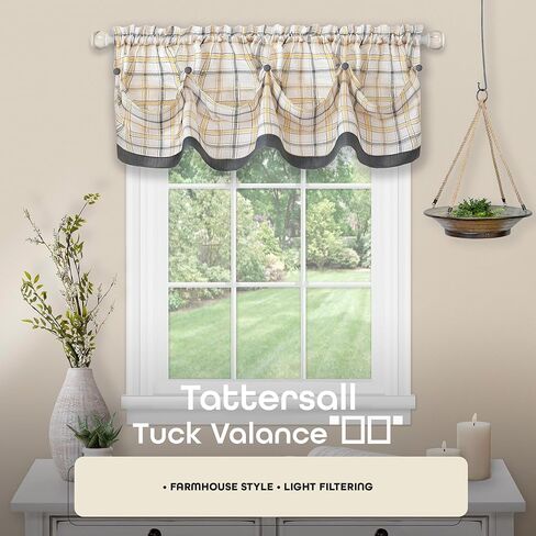 Soft Valance Window Curtains - 58 Inch Width, 14 Inch Length - Tattersall (Grey) - Light Filtering Polyester Drapes for Bedroom Living & Dining Room by Achim Home Decor in Saudi Arabia