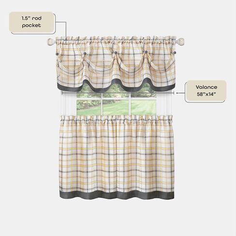 Soft Valance Window Curtains - 58 Inch Width, 14 Inch Length - Tattersall (Grey) - Light Filtering Polyester Drapes for Bedroom Living & Dining Room by Achim Home Decor in Saudi Arabia