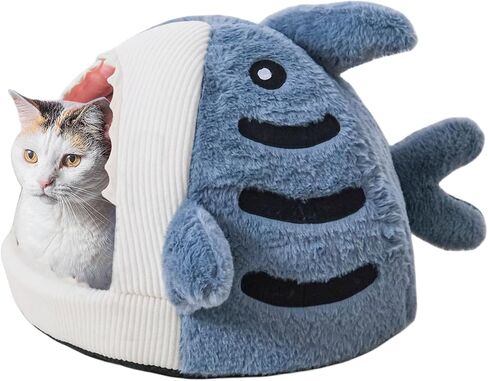 Shark-Shaped cat cave beds for Indoor Cats, Cute cat Teepee, Closed Dog Sleeping Bag, Warm Soft Kitten Houses & Condos, Blue, Large Size. in Saudi Arabia
