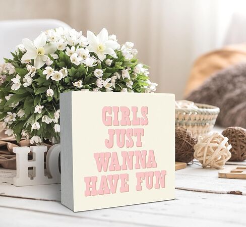 SRADMO Girls Just Wanna Have Fun Pink Wood Box Sign Desk Decor,Inspirational Preppy Wooden Block Box Sign Decoration For Girls Room Dorm Shelf Table Decor in Saudi Arabia