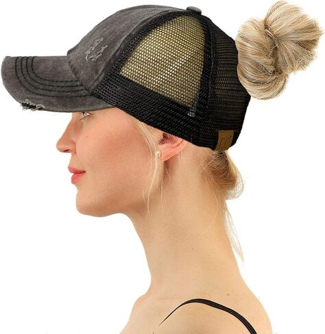 C.C Ponytail Criss Cross Messy Buns Ponycaps Baseball Cap Dad Trucker Mesh Hat (Distressed Black) in Saudi Arabia