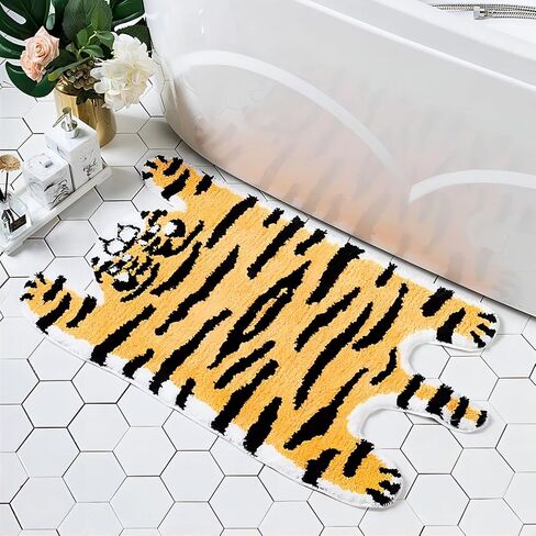 NATURETWIRL Comfortable and Soft Kids' Bath Rug - 19.6in*35.43 Cute Tiger-Shaped Mat - Perfect for Bedrooms, Bathrooms, Kitchens, and Children's Rooms - Non-Slip and Absorbent Flocked Floor Mat in Saudi Arabia