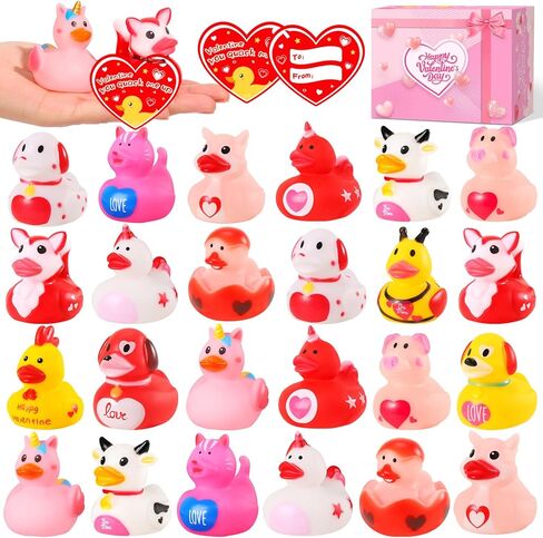 ANGGIKO 24 حزمة من البط المطاطي لعيد الحب مع بطاقات الهدايا، ألعاب حوض استحمام مطاطية على شكل قلب لعيد الحب، بطات جيب للأطفال، هدايا مكافآت تزيين حفلات عيد الحب للأولاد والبنات in Kuwait