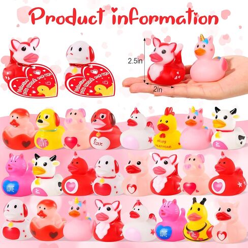 ANGGIKO 24 حزمة من البط المطاطي لعيد الحب مع بطاقات الهدايا، ألعاب حوض استحمام مطاطية على شكل قلب لعيد الحب، بطات جيب للأطفال، هدايا مكافآت تزيين حفلات عيد الحب للأولاد والبنات in Kuwait