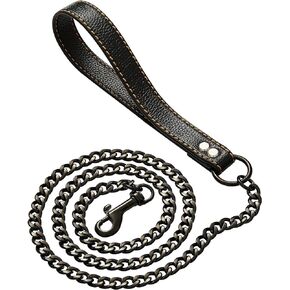 Petoo 4.3FT Chew Proof Anti Bite Metal Link Strong Black Chain Dog Leash with Comfortable Soft Padded Handle for Small Medium Large Bulldog Dogs