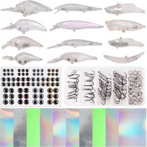 Unpainted Fishing Lures Making Kit, 166pcs Fishing Lure Blanks Treble Hooks 4D Eyes Stickers Split Rings Set DIY Fishing Lure Making Supplies Hard Plastic Crankbait Minnow Bodies in Saudi Arabia