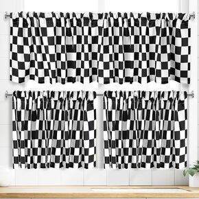 Tranqun 3 Pcs Kitchen Curtains and Valances Set Light Filtering Checkered Kitchen Window Curtains Set Black and White Valance and Curtain Tier Buffalo Plaid Kitchen Decor for Cafe Office Farmhouse in Kuwait