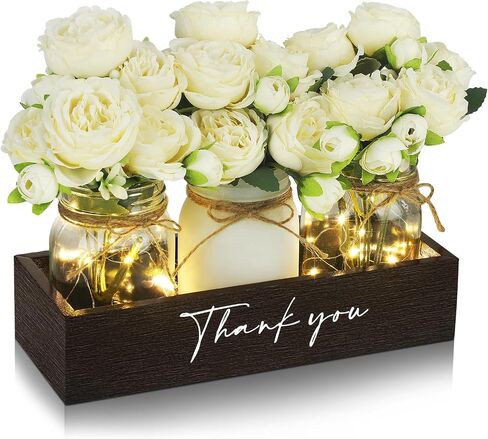 Mifoci 7 Pcs Mason Jar Lights Centerpiece Table Decorations for Coffee Table Decor Farmhouse Wood Tray with 3 Mason Jars Flowers for Retirement Gift Kitchen Dining Room Living Room Decor (Peony) in Saudi Arabia