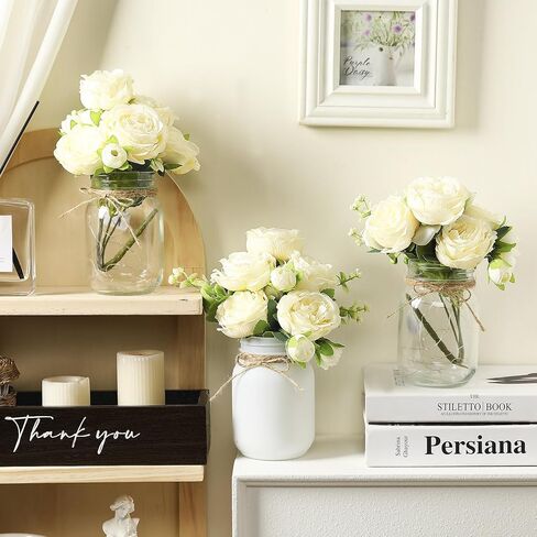 Mifoci 7 Pcs Mason Jar Lights Centerpiece Table Decorations for Coffee Table Decor Farmhouse Wood Tray with 3 Mason Jars Flowers for Retirement Gift Kitchen Dining Room Living Room Decor (Peony) in Saudi Arabia