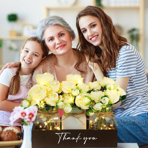 Mifoci 7 Pcs Mason Jar Lights Centerpiece Table Decorations for Coffee Table Decor Farmhouse Wood Tray with 3 Mason Jars Flowers for Retirement Gift Kitchen Dining Room Living Room Decor (Peony) in Saudi Arabia