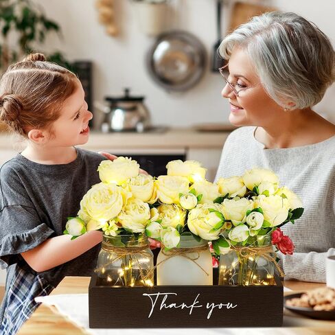 Mifoci 7 Pcs Mason Jar Lights Centerpiece Table Decorations for Coffee Table Decor Farmhouse Wood Tray with 3 Mason Jars Flowers for Retirement Gift Kitchen Dining Room Living Room Decor (Peony) in Saudi Arabia