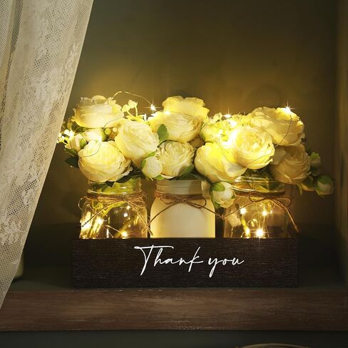 Mifoci 7 Pcs Mason Jar Lights Centerpiece Table Decorations for Coffee Table Decor Farmhouse Wood Tray with 3 Mason Jars Flowers for Retirement Gift Kitchen Dining Room Living Room Decor (Peony) in Saudi Arabia