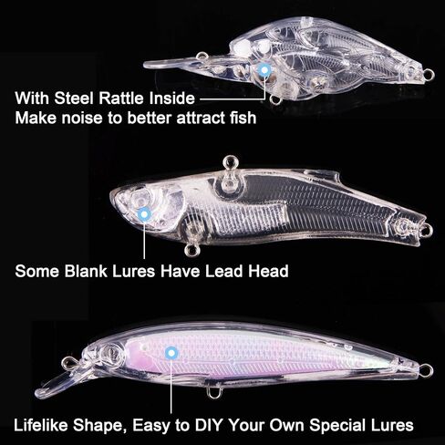 Unpainted Fishing Lures Making Kit, 166pcs Fishing Lure Blanks Treble Hooks 4D Eyes Stickers Split Rings Set DIY Fishing Lure Making Supplies Hard Plastic Crankbait Minnow Bodies in Saudi Arabia
