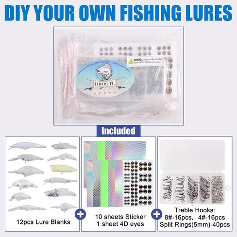 Unpainted Fishing Lures Making Kit, 166pcs Fishing Lure Blanks Treble Hooks 4D Eyes Stickers Split Rings Set DIY Fishing Lure Making Supplies Hard Plastic Crankbait Minnow Bodies in Saudi Arabia