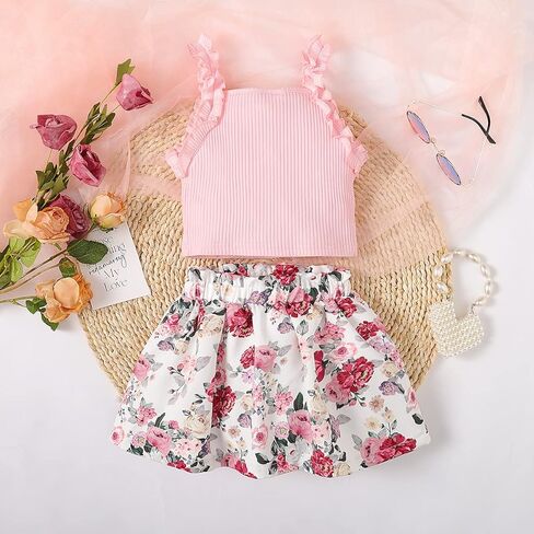 Toddler Baby Girls Summer Clothes Ruffle Sleeveless Outfits Shirt Kid Short Set in Kuwait