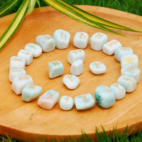 QUIPSA Amazonite Rune Stone with Book - Crystals and Healing Stones - Rune Set - Wicca Divination - Norse Decor - Viking Runes - Pagan & Witchcraft Supplies - Engraved Elder Futhark Alphabet Crystal in Saudi Arabia
