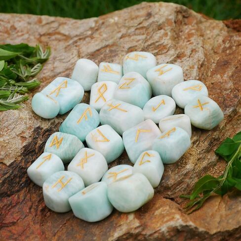 QUIPSA Amazonite Rune Stone with Book - Crystals and Healing Stones - Rune Set - Wicca Divination - Norse Decor - Viking Runes - Pagan & Witchcraft Supplies - Engraved Elder Futhark Alphabet Crystal in Saudi Arabia