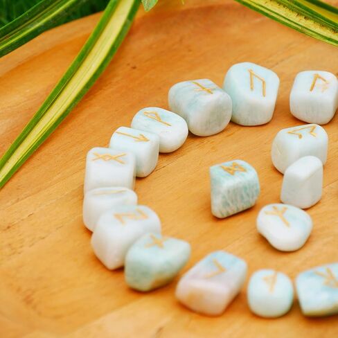 QUIPSA Amazonite Rune Stone with Book - Crystals and Healing Stones - Rune Set - Wicca Divination - Norse Decor - Viking Runes - Pagan & Witchcraft Supplies - Engraved Elder Futhark Alphabet Crystal in Saudi Arabia