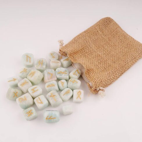 QUIPSA Amazonite Rune Stone with Book - Crystals and Healing Stones - Rune Set - Wicca Divination - Norse Decor - Viking Runes - Pagan & Witchcraft Supplies - Engraved Elder Futhark Alphabet Crystal in Saudi Arabia