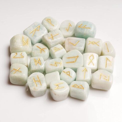 QUIPSA Amazonite Rune Stone with Book - Crystals and Healing Stones - Rune Set - Wicca Divination - Norse Decor - Viking Runes - Pagan & Witchcraft Supplies - Engraved Elder Futhark Alphabet Crystal in Saudi Arabia