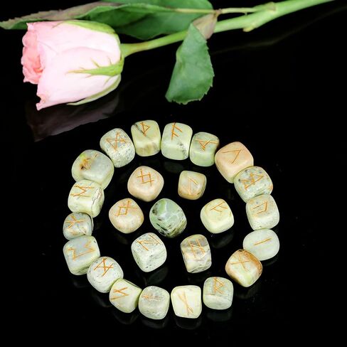 QUIPSA Amazonite Rune Stone with Book - Crystals and Healing Stones - Rune Set - Wicca Divination - Norse Decor - Viking Runes - Pagan & Witchcraft Supplies - Engraved Elder Futhark Alphabet Crystal in Saudi Arabia
