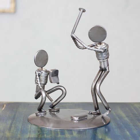 NOVICA Recycled Auto Parts Sports Theme Iron Sculpture, 6.75" Tall, Rustic Baseball Players' in Saudi Arabia