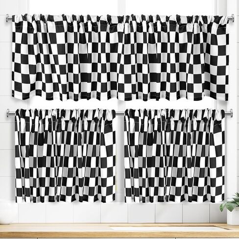 Tranqun 3 Pcs Kitchen Curtains and Valances Set Light Filtering Checkered Kitchen Window Curtains Set Black and White Valance and Curtain Tier Buffalo Plaid Kitchen Decor for Cafe Office Farmhouse in Kuwait