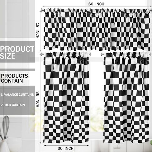 Tranqun 3 Pcs Kitchen Curtains and Valances Set Light Filtering Checkered Kitchen Window Curtains Set Black and White Valance and Curtain Tier Buffalo Plaid Kitchen Decor for Cafe Office Farmhouse in Kuwait