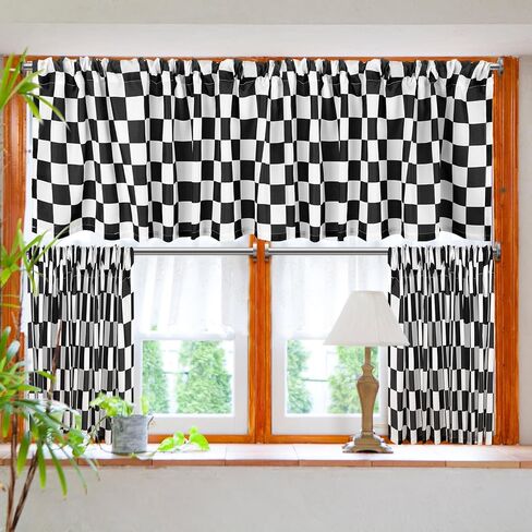 Tranqun 3 Pcs Kitchen Curtains and Valances Set Light Filtering Checkered Kitchen Window Curtains Set Black and White Valance and Curtain Tier Buffalo Plaid Kitchen Decor for Cafe Office Farmhouse in Kuwait