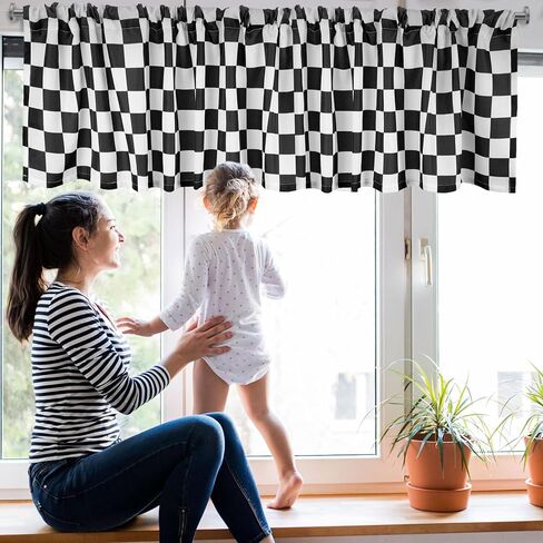 Tranqun 3 Pcs Kitchen Curtains and Valances Set Light Filtering Checkered Kitchen Window Curtains Set Black and White Valance and Curtain Tier Buffalo Plaid Kitchen Decor for Cafe Office Farmhouse in Kuwait