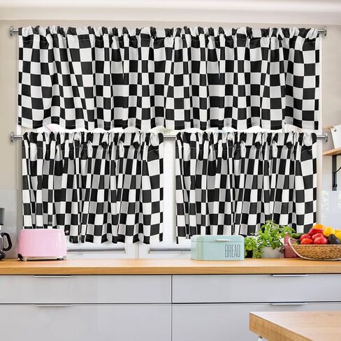 Tranqun 3 Pcs Kitchen Curtains and Valances Set Light Filtering Checkered Kitchen Window Curtains Set Black and White Valance and Curtain Tier Buffalo Plaid Kitchen Decor for Cafe Office Farmhouse in Kuwait