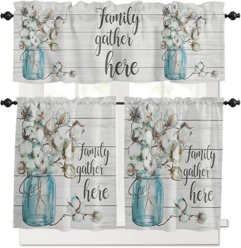 ماسون جرة القطن زهرة 3 قطعة قضيب جيب ستارة المطبخ الستارة وطبقات مجموعة لغرفة المعيشة، ستائر الطبقة المطبوعة مجموعة ستائر النافذة للحمام 54 "× 36" - تجمع الأسرة هنا in Kuwait