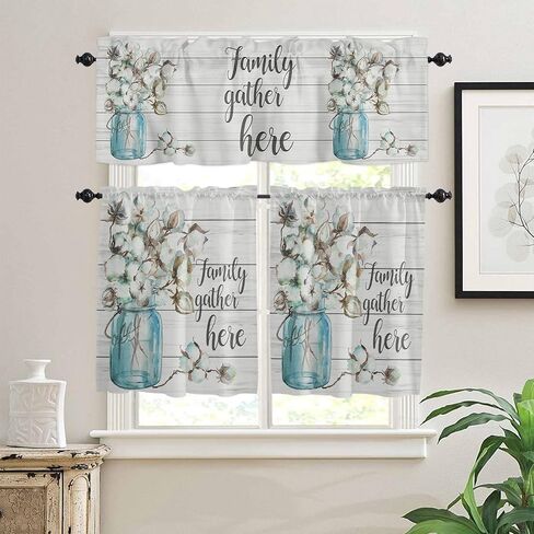 ماسون جرة القطن زهرة 3 قطعة قضيب جيب ستارة المطبخ الستارة وطبقات مجموعة لغرفة المعيشة، ستائر الطبقة المطبوعة مجموعة ستائر النافذة للحمام 54 "× 36" - تجمع الأسرة هنا in Kuwait