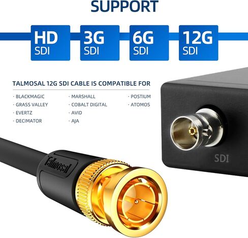 كابل Talmosal 12G SDI بطول 50 قدم، كابل 4K BNC يدعم HD-SDI/3G-SDI/6G-SDI/12G-SDI/4K/8K 75 Ohm 4K SDI كابل فيديو لمحول تصميم Blackmagic وكاميرا أمان الفيديو والمزيد in Kuwait