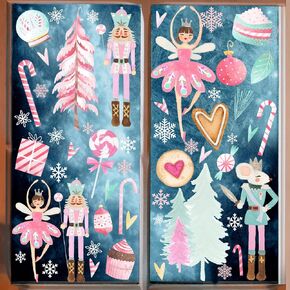Nutcracker Christmas Window Clings,Nutcracker Christmas Decorations 9 Sheets Pink Merry Christmas Removable Window Stickers for Home Shop Window Glass Display Party Supplies in Kuwait