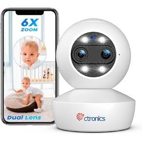 كاميرا أمان داخلية بعدسة مزدوجة من Ctronics واي فاي مع تكبير هجين 6X، كاميرا IP PTZ 360 درجة لأمن المنزل 1080 بكسل، تتبع التكبير التلقائي، كشف الإنسان/الحركة، رؤية ليلية ملونة 20 متر، صفارة الإنذار، صوت ثنائي الاتجاه in Kuwait