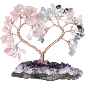 Sumgiftforall Handmade Crystal Heart Tree of Life on Amethyst Cluster Base Money Stone Tree for Wedding Reiki Healing Energy Home Office Indoor Decor, Amethyst