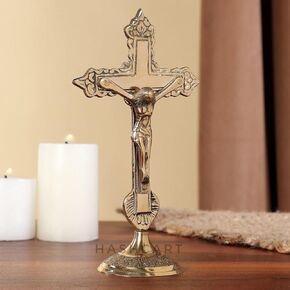 Hashcart Brass Crucifix Cross With Stand - Cross with Jesus Christ for Home Decor Catholic Decor - Brass Jesus Christ Statue for Home Office [ 6 inch in Kuwait