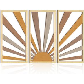 اوياو لوحة فنية جدارية خشبية كبيرة بتصميم بوهو بخط هندسي مجوف من منتصف القرن، 3 لوحات منحوتات حائط بتصميم شروق الشمس، مجموعة خشبية لغرفة المعيشة وغرفة النوم والمطبخ والمكتب وديكور الحائط 16 × 32 انش in Kuwait