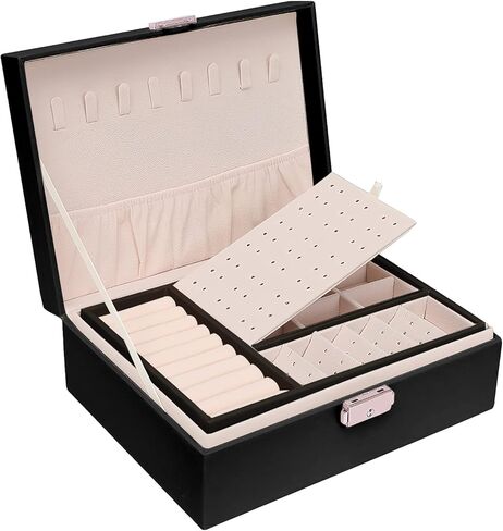 Jewelry Box for Women,Large Capacity Jewelry Organizer Box,2 Tiers Removable Tray Display Earrings Bracelet,PU Leather and Soft Velvet Lined Jewelry Box,Ideal Gift for Women Girls Wife （Black） in Saudi Arabia