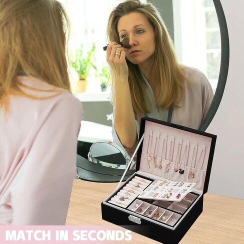 Jewelry Box for Women,Large Capacity Jewelry Organizer Box,2 Tiers Removable Tray Display Earrings Bracelet,PU Leather and Soft Velvet Lined Jewelry Box,Ideal Gift for Women Girls Wife （Black） in Saudi Arabia